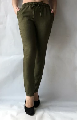 Летние брюки из льна-коттона №14 БАТАЛ темно-зеленый