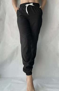 Батальные женские летние штаны, софт №117 черный в горошек