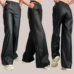 Батальні широкі жіночі штани з екошкіри мод. 94 чорні