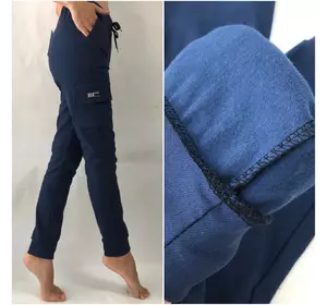 Теплые брюки с накладными карманами, СТРЕЙЧ-КОТТОН N° 0126 синие (НА флисе)